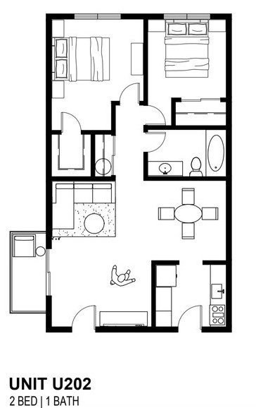 Floor plan for 2 beds, 1 bath, 800 sqft